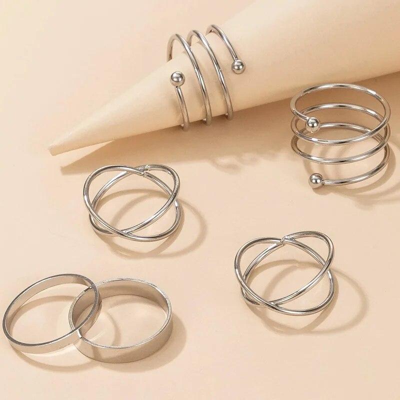 Silver Color Geometric Ring Set