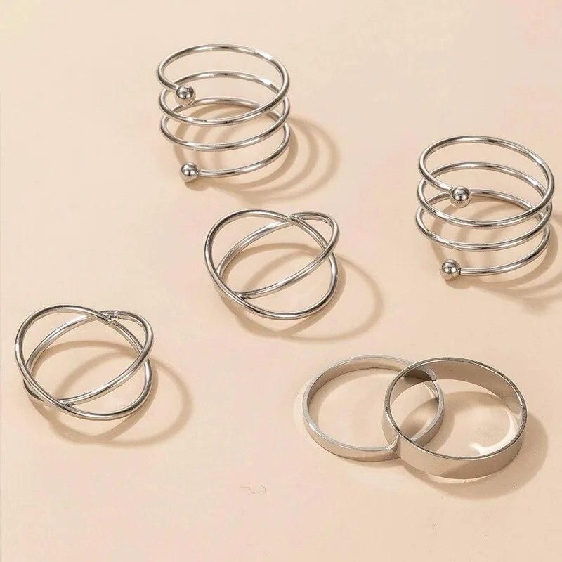 Silver Color Geometric Ring Set