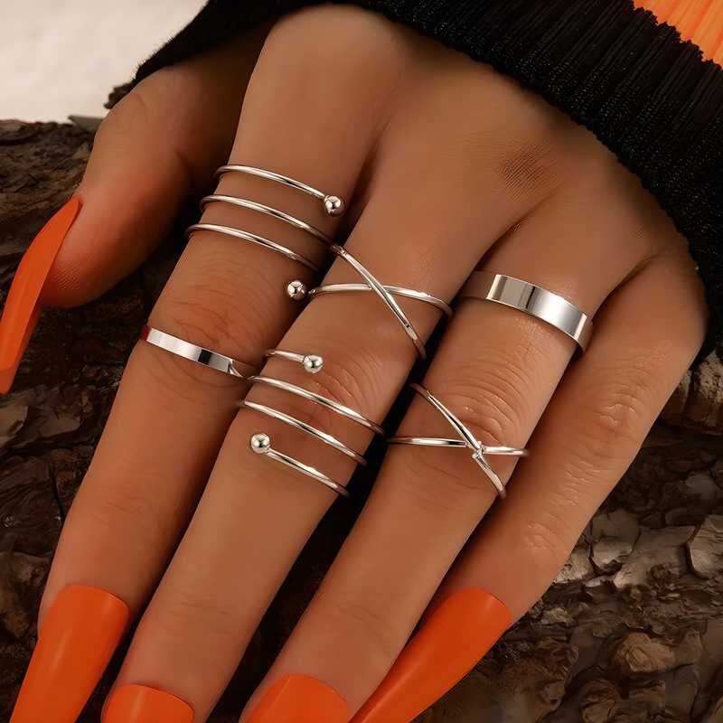 Silver Color Geometric Ring Set