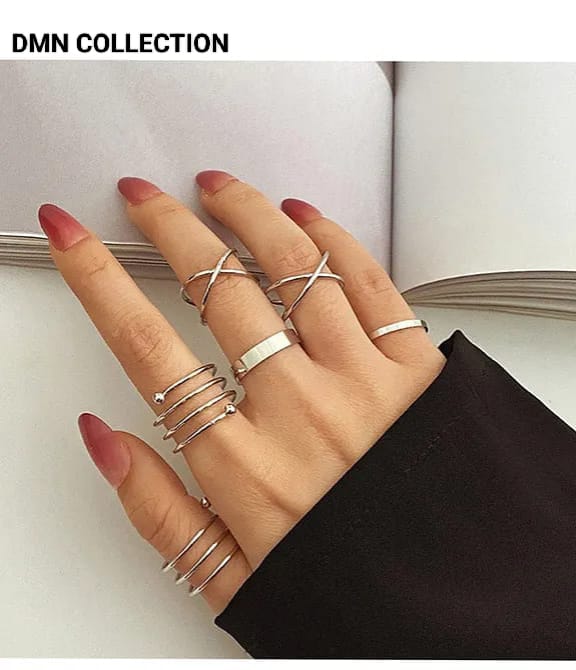 Silver Color Geometric Ring Set