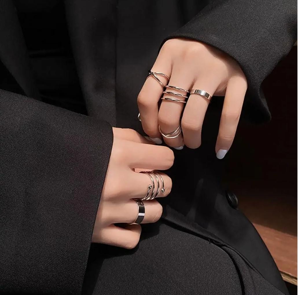 Silver Color Geometric Ring Set